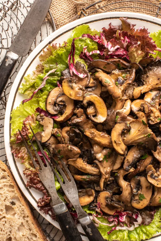 warm mushroom salad on plate