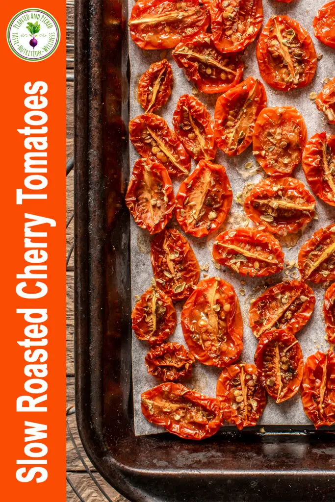 slow roasted cherry tomatoes on baking sheet - pinterest image