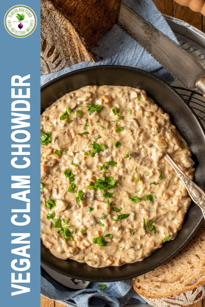 vegan clam chowder in bowl - pinterest image