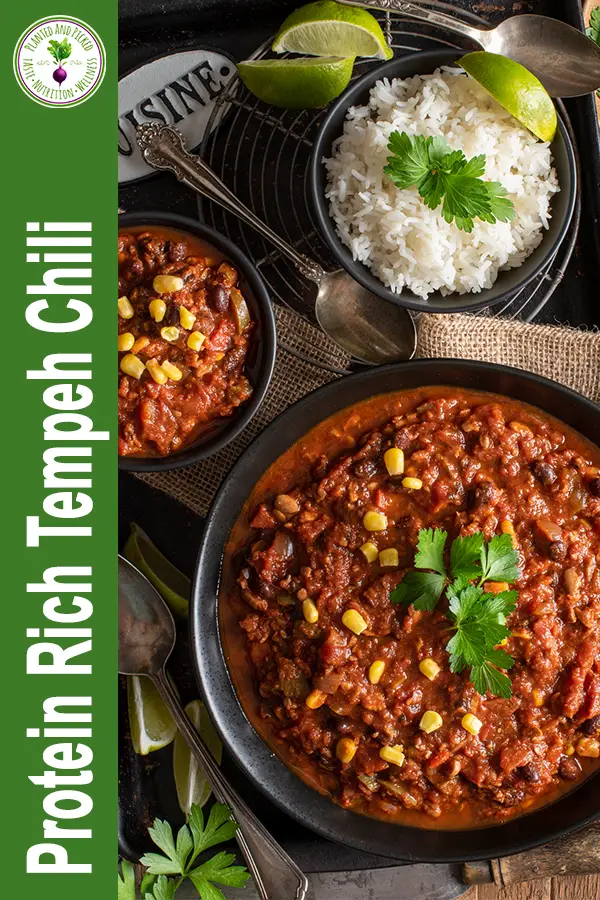 protein rich tempeh chili in bowls - pinterest image