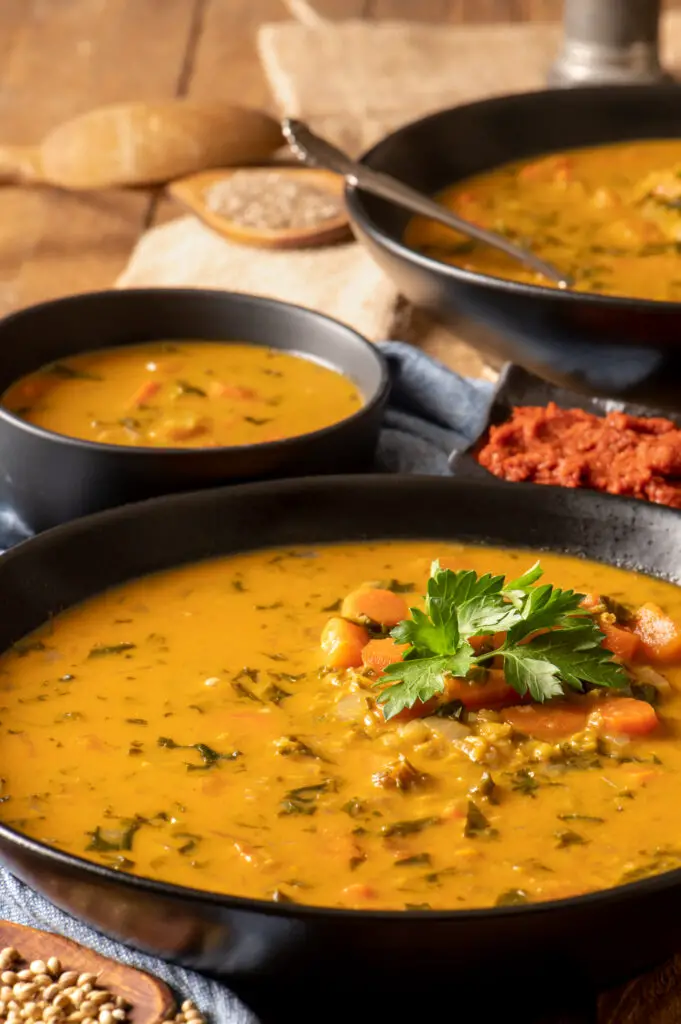 easy coconut red curry soup in bowls