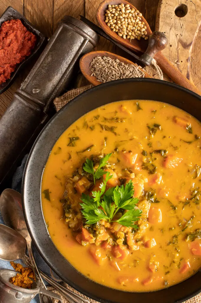 easy coconut red curry soup in bowl