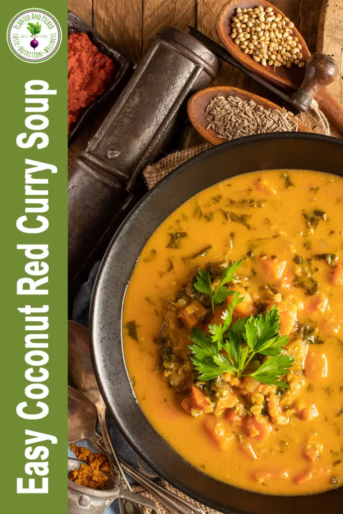 easy coconut red curry soup in bowl - pinterest image