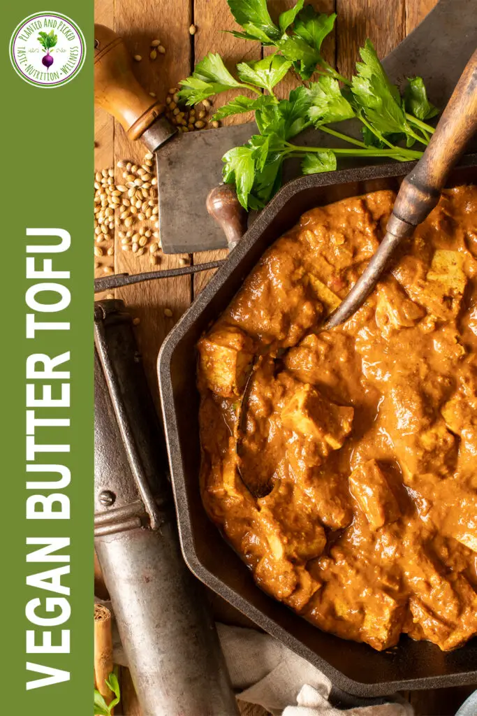 vegan butter tofu in pan next to spice grinder - pinterest image