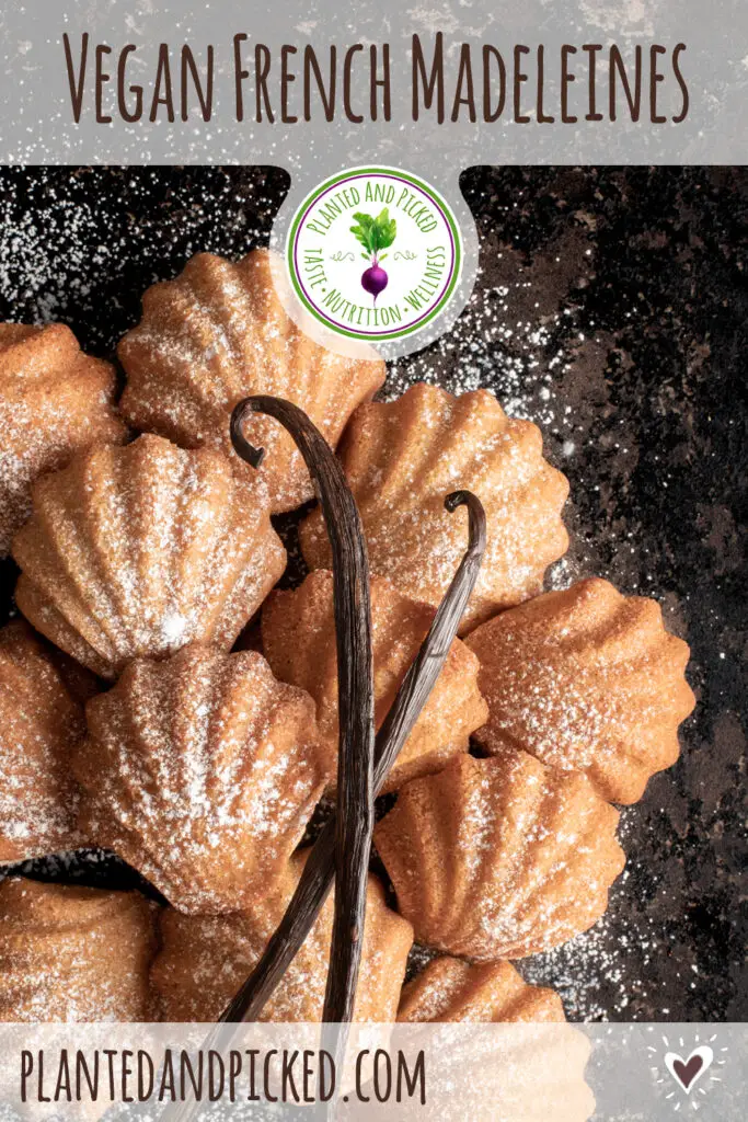 vegan french petites madeleines on baking sheet - pinterest image