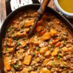 black bean and sweet potato stew in iron skillet - food gawker image