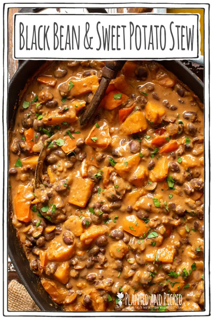 black bean and sweet potato stew in iron skillet - pinterest image