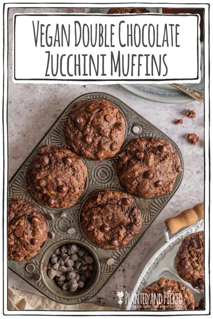 vegan double chocolate zucchini muffins in muffin tin - pinterest image