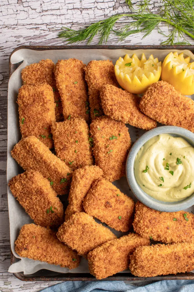 crispy tofu strips in baking tray