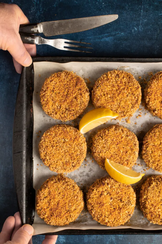 vegan crabless cakes on baking sheet