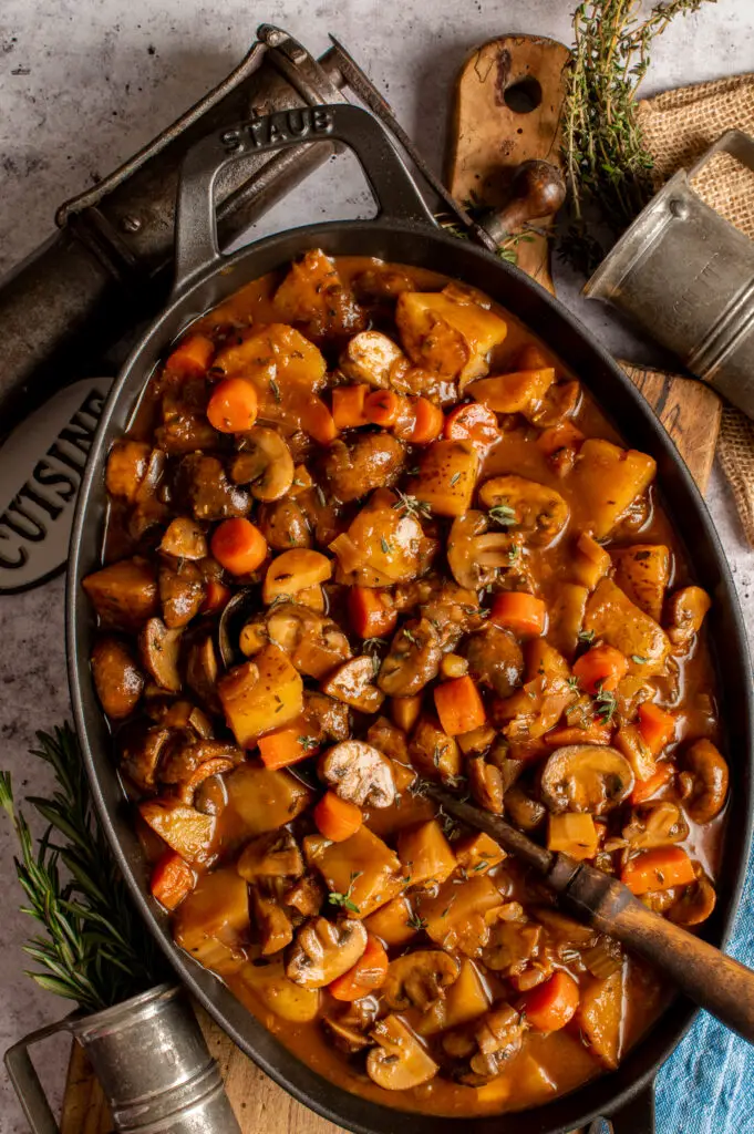 vegan irish guinness stew in cast iron pan