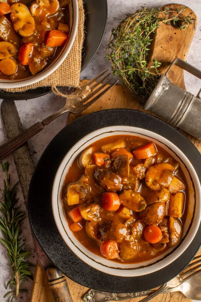 vegan irish guinness stew in bowls