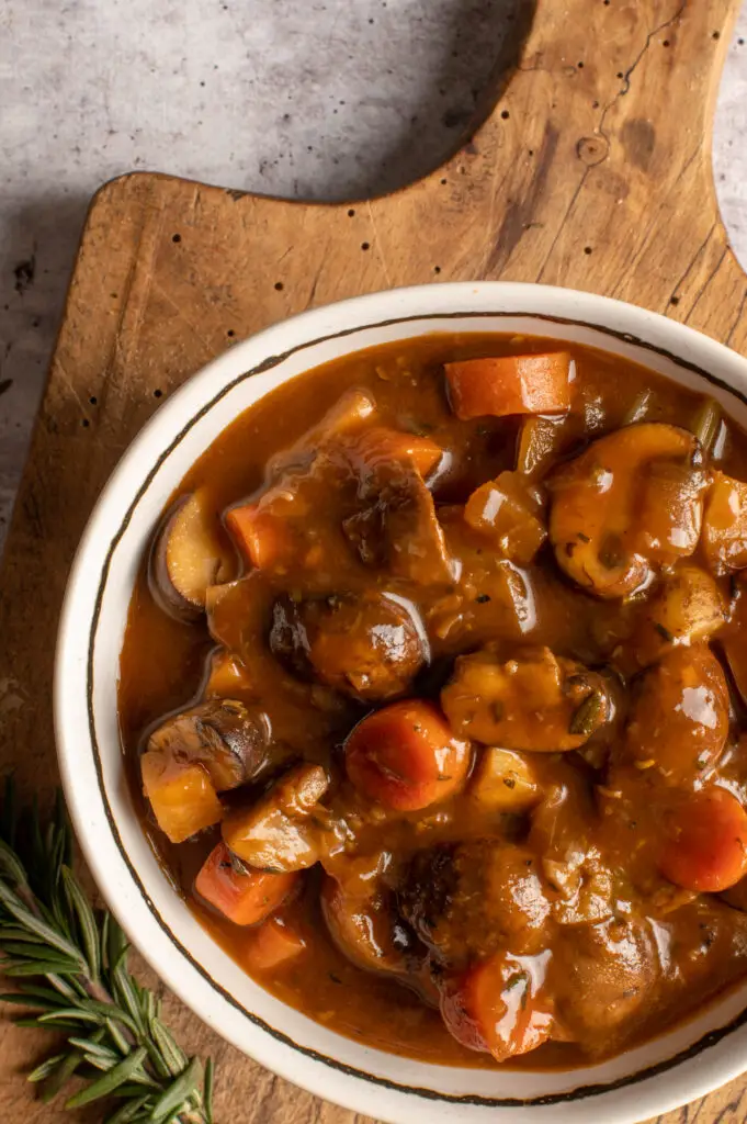 vegan irish guinness stew in bowl