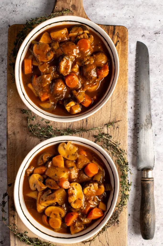 vegan irish guinness stew in bowls