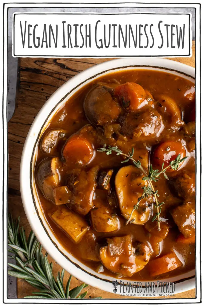 vegan irish guinness stew in bowl - pinterest image