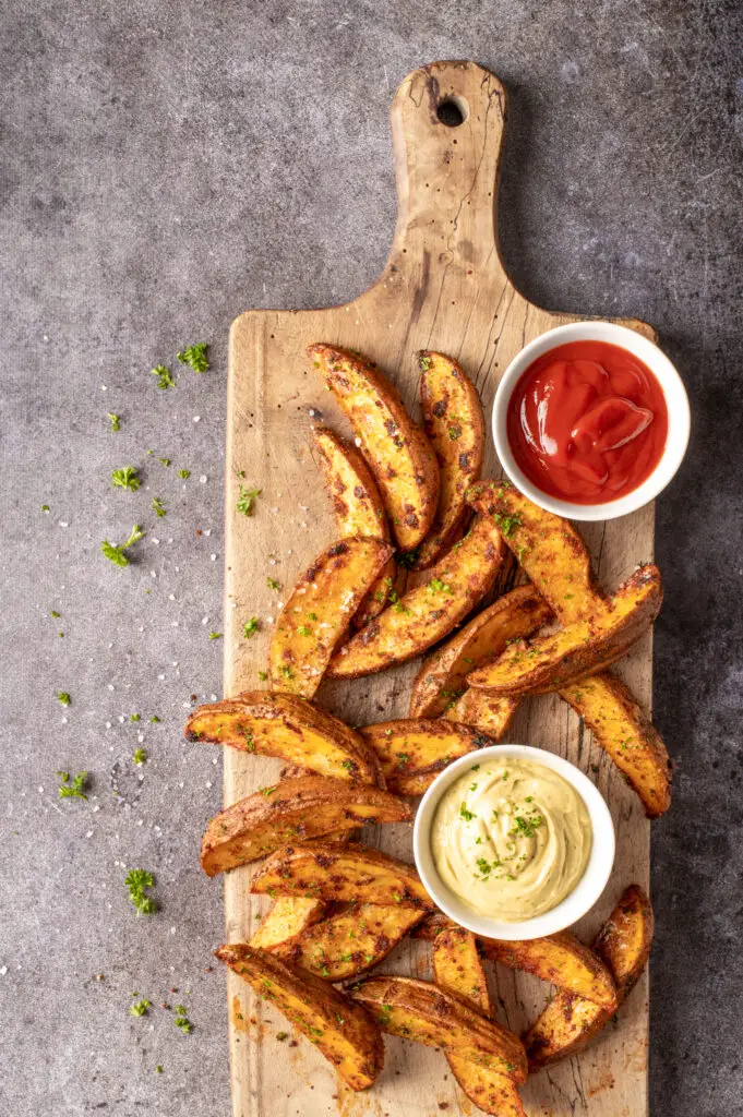 crispy oven potato wedges on cutting board with small dishes of ketchup and avocado mayo