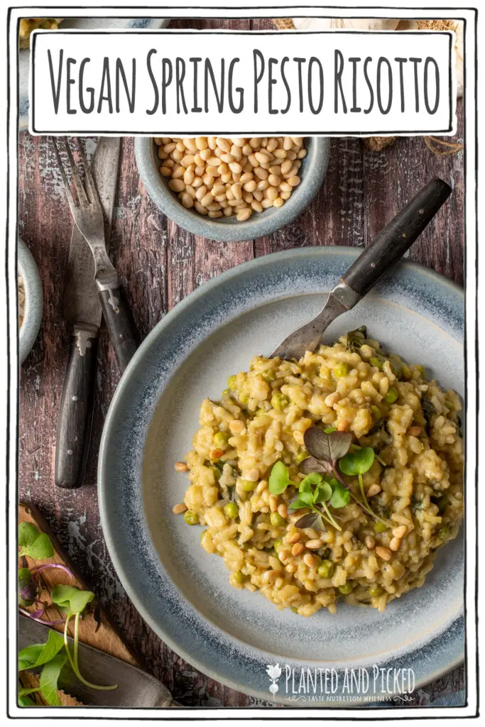 spring pesto risotto on blue pottery plate - pinterest image