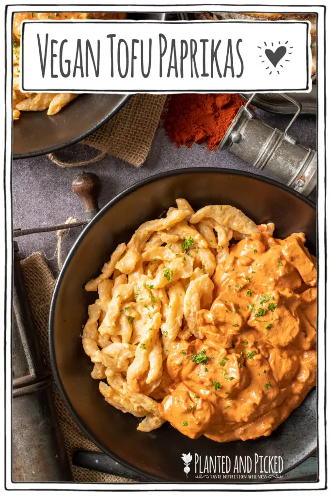 vegan hungarian tofu paprikash in black bowl - pinterest image