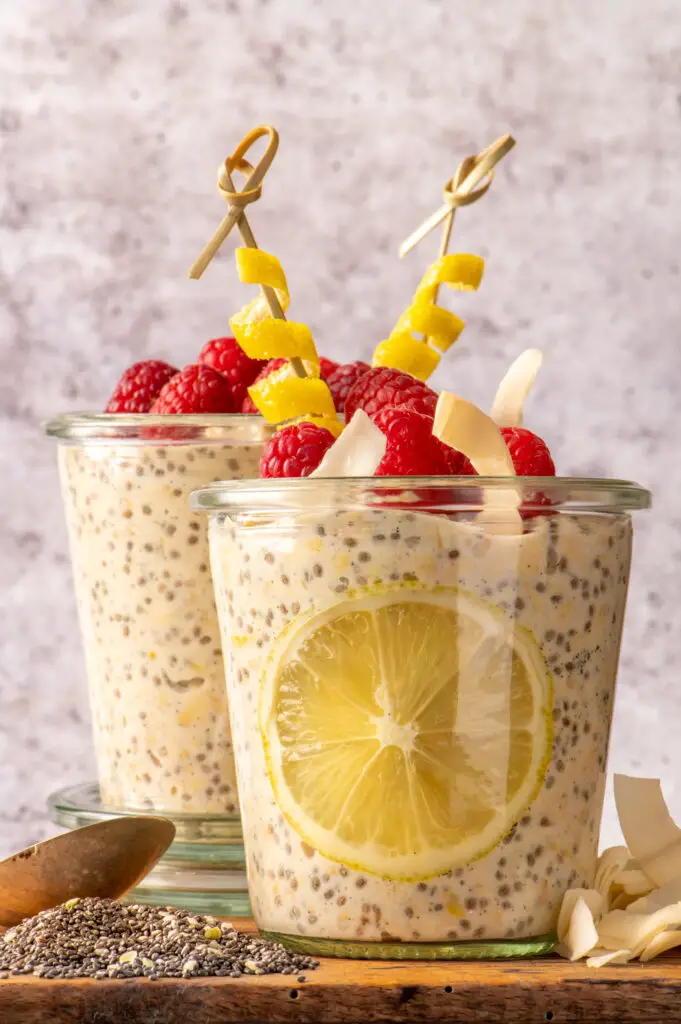 creamy lemon overnight oats in two glass jars