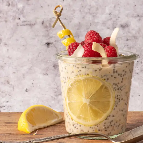 creamy lemon overnight oats in glass jar - recipe image