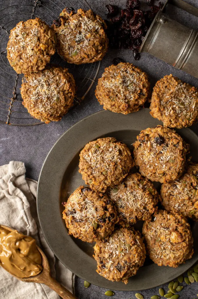 nut butter breakfast cookies on pewter plate and cooling rack