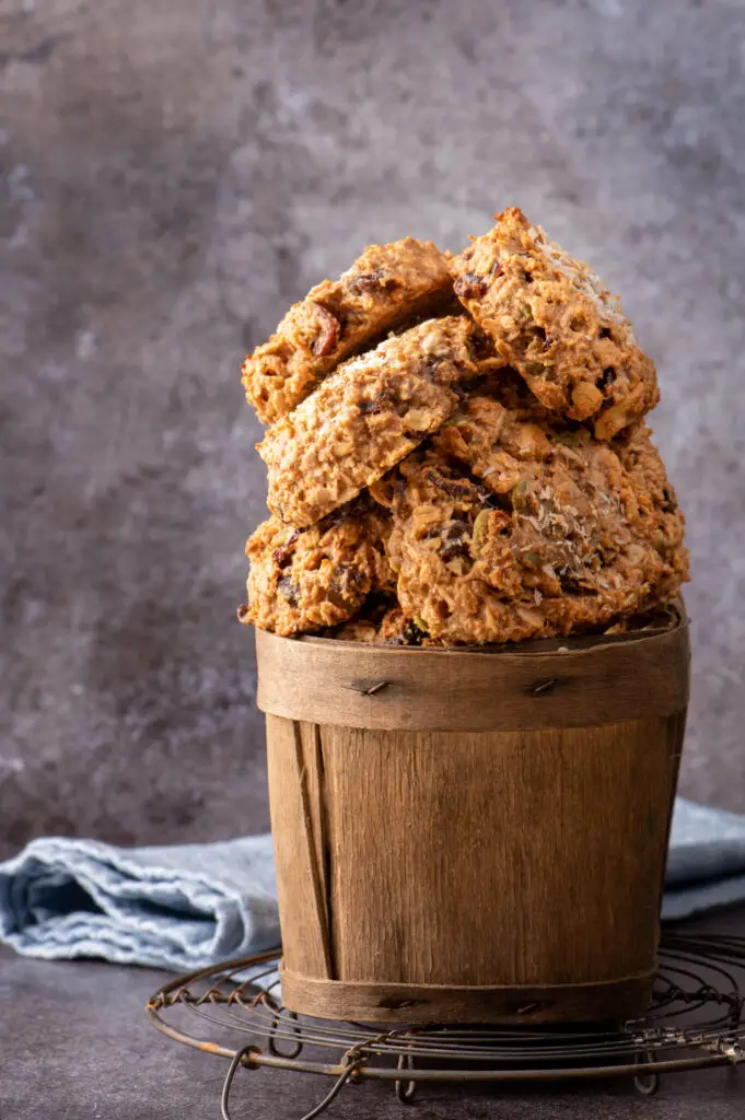 nut butter breakfast cookies in wooden basket