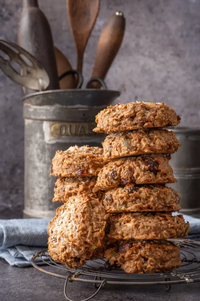 nut butter breakfast cookies stacked on cooling rack