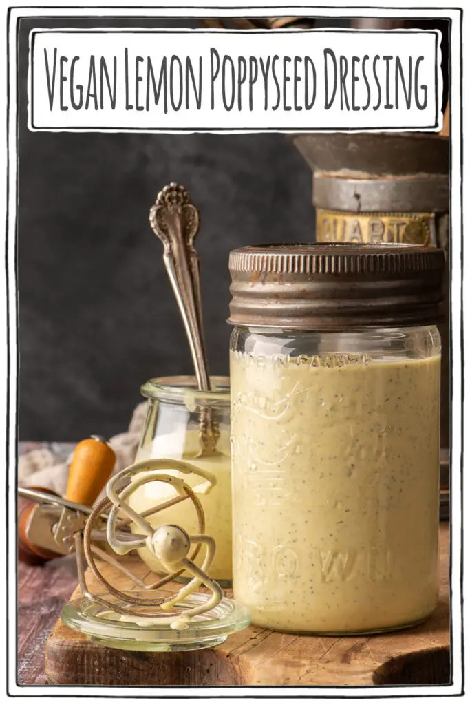 vegan lemon poppyseed dressing in glass - pinterest image