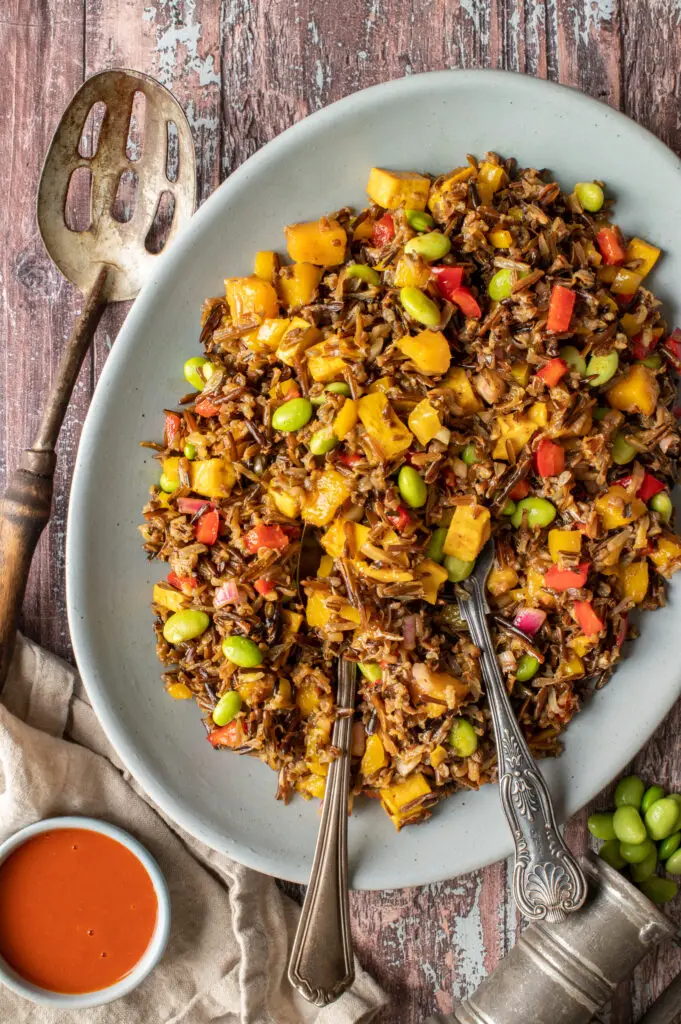 wild rice and mango salad on serving platter