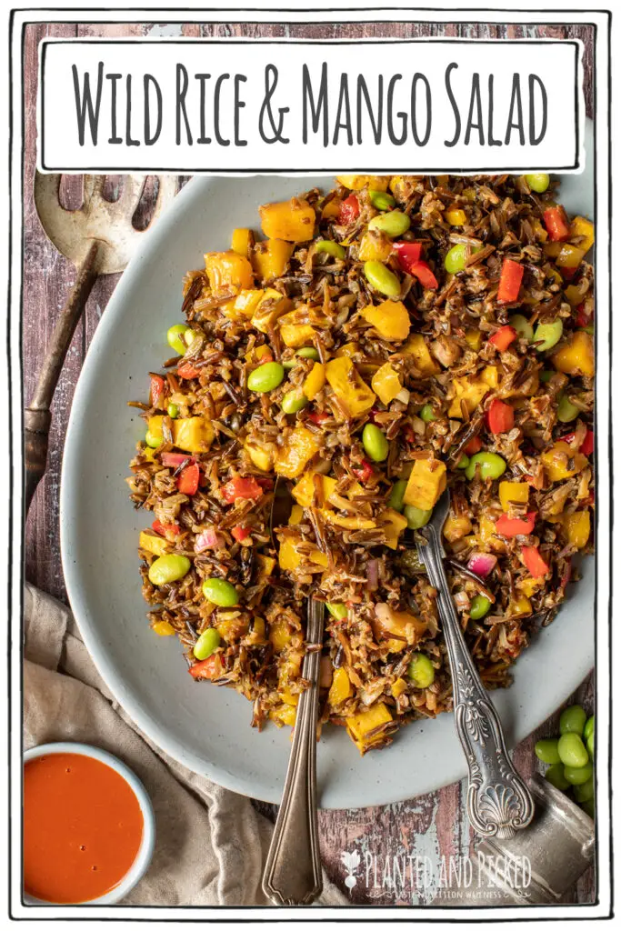 wild rice and mango salad on serving platter - pinterest image