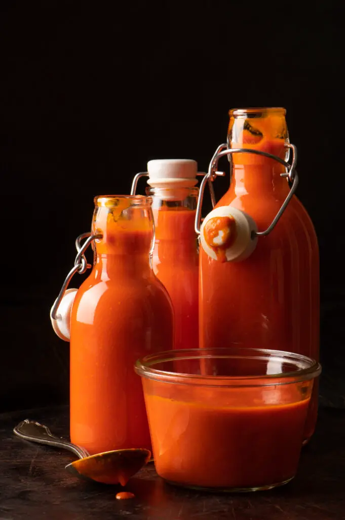 cayenne pepper hot sauce in glass jars