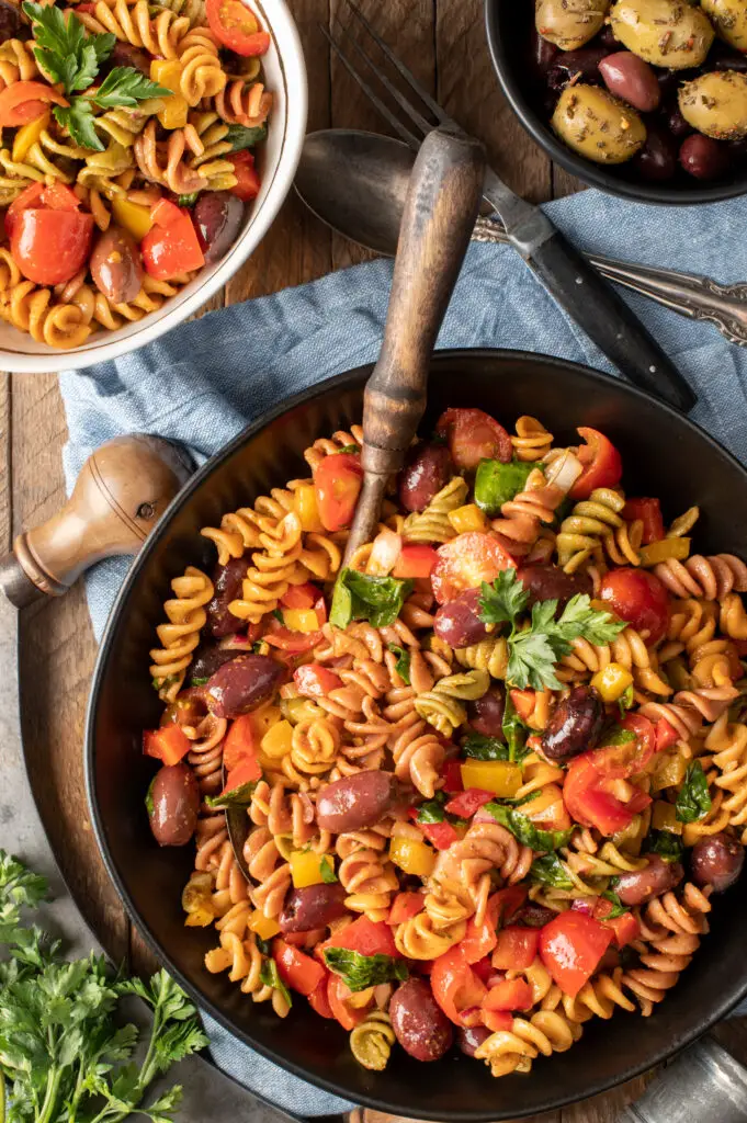 simple italian pasta salad in black bowl