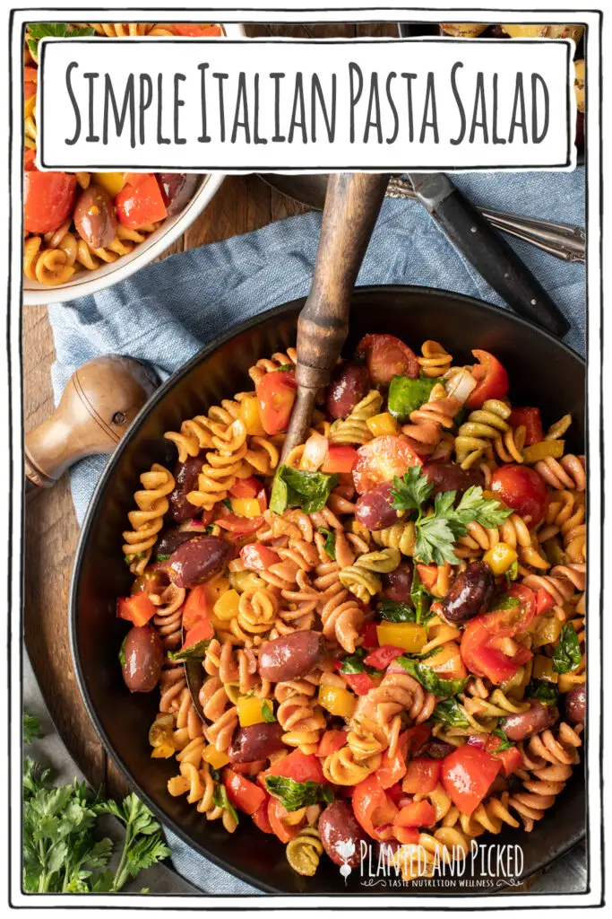 simple italian pasta salad in black bowl - pinterest image