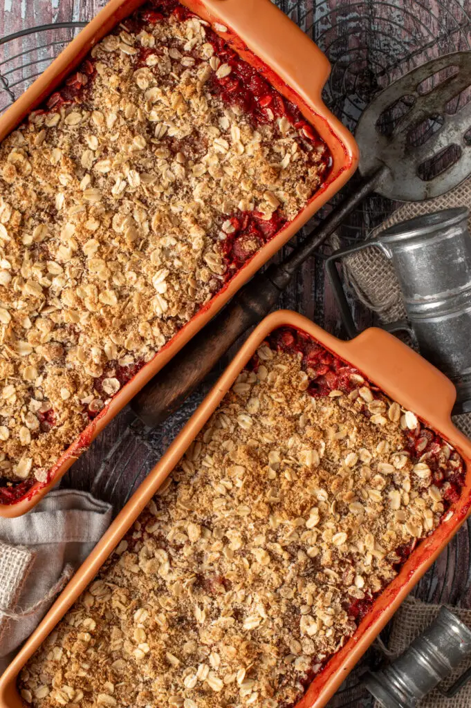 strawberry coconut crumble in two baking dishes