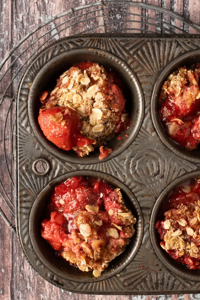 strawberry coconut crumble in muffin tin cups