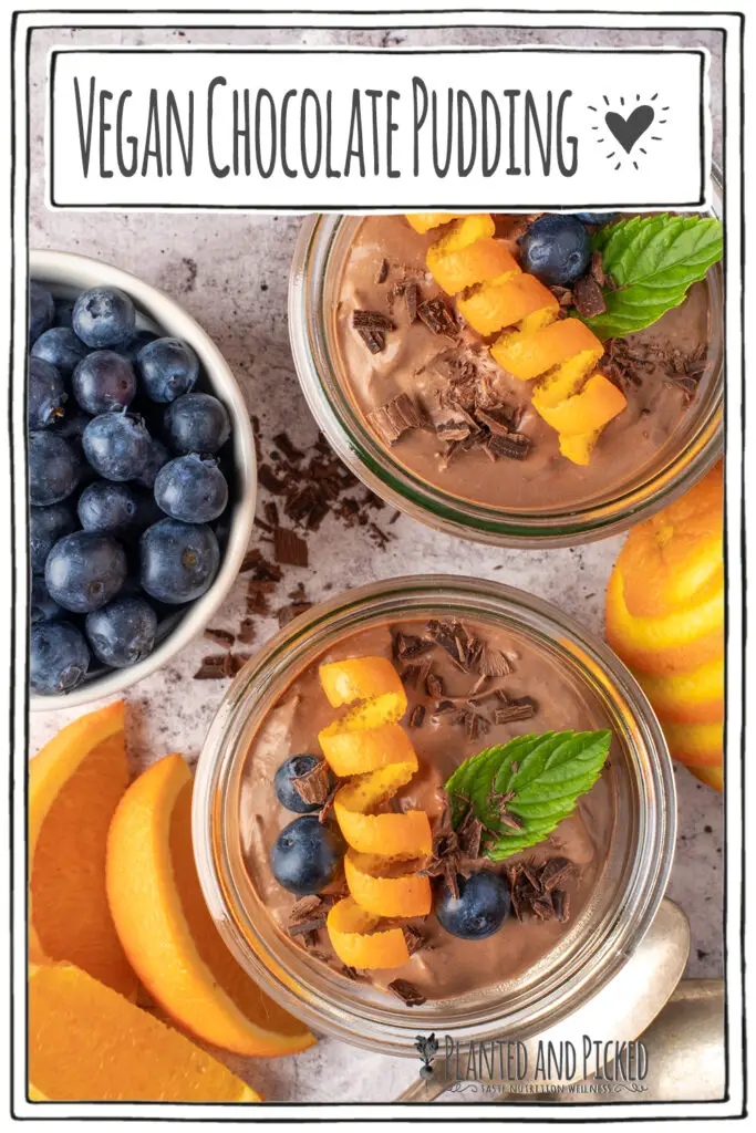 creamy chocolate coconut pudding in jars next to blueberry in dish - pinterest image