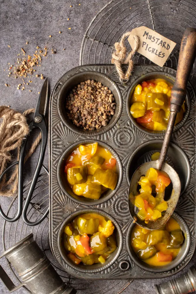 mustard pickles in muffin tin cups