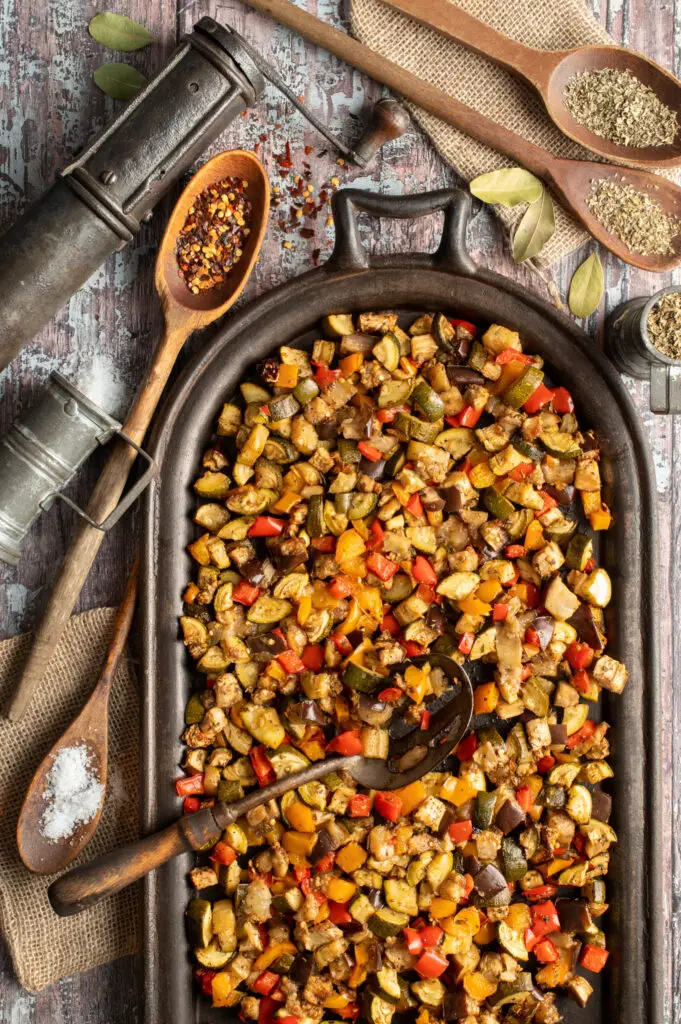 roasted vegetables on cast iron griddle