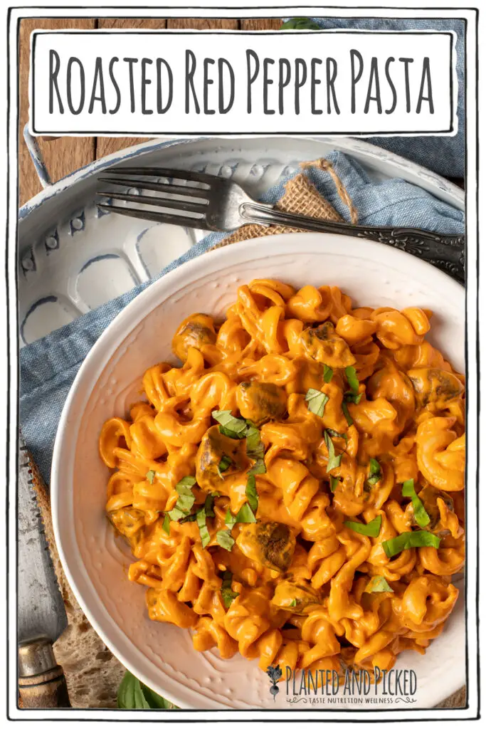 creamy roasted red pepper pasta in white bowl on tray - pinterest image