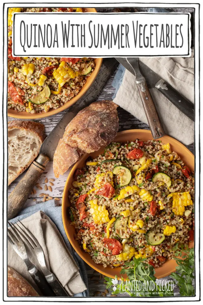 quinoa with summer vegetables on two plates next to cutlery an sourdough slices - pinterest image