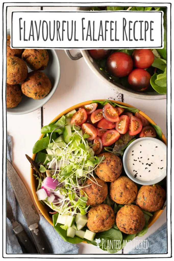 falafel plate with tomatoes, cucumber and greens - pinterest image