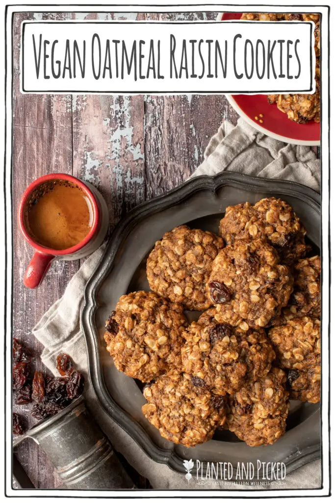 vegan oatmeal raisin cookies on pewter plate next to cup of espresso - pinterest image