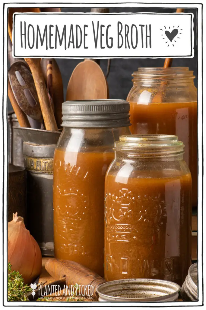 easy homemade vegetable broth in 3 canning jars - pinterest image