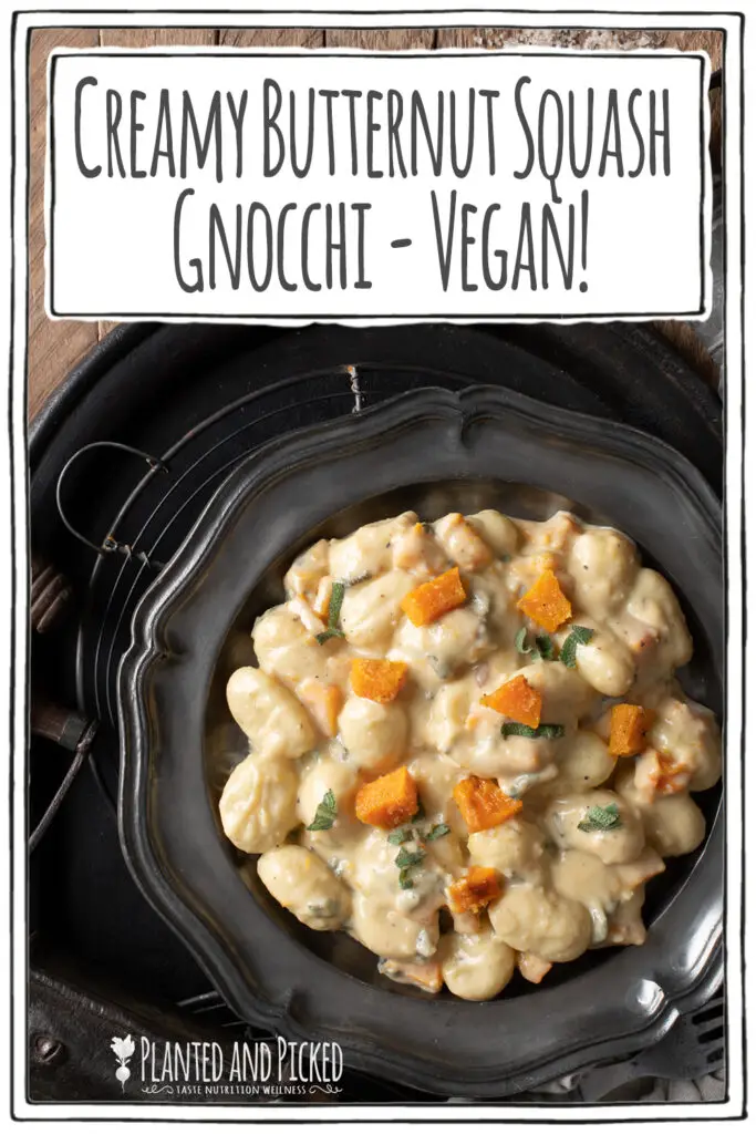 creamy butternut squash gnocchi on pewter plate - pinterest image